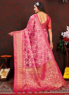 Pink meenakari weaving work organza silk saree with blouse piece 2