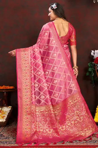 Pink meenakari weaving work organza silk saree with blouse piece