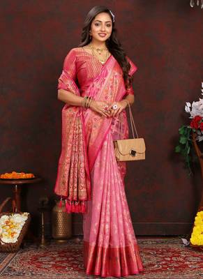 Pink meenakari weaving work organza silk saree with blouse piece 3
