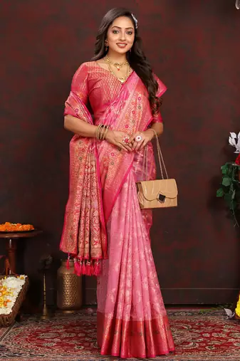Pink meenakari weaving work organza silk saree with blouse piece