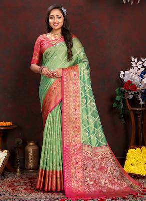 Green meenakari weaving work organza silk saree with blouse piece 1