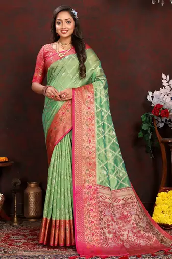 Green meenakari weaving work organza silk saree with blouse piece