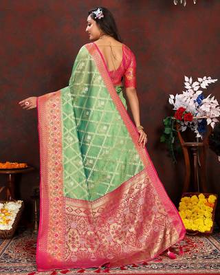 Green meenakari weaving work organza silk saree with blouse piece 2