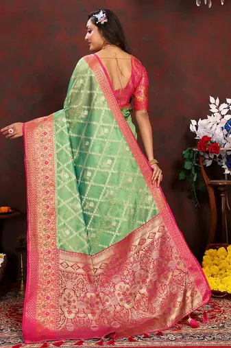 Green meenakari weaving work organza silk saree with blouse piece