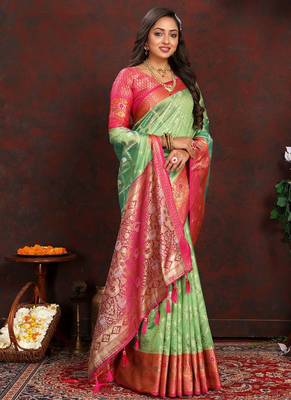 Green meenakari weaving work organza silk saree with blouse piece 3