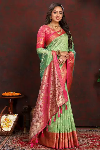 Green meenakari weaving work organza silk saree with blouse piece