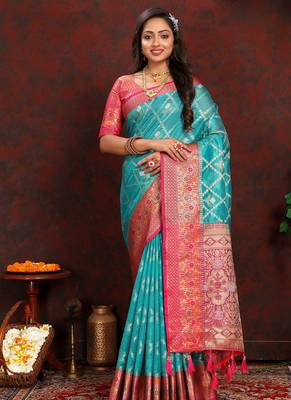 Blue meenakari weaving work organza silk saree with blouse piece 1