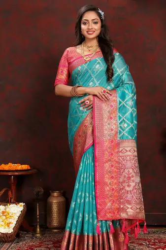 Blue meenakari weaving work organza silk saree with blouse piece