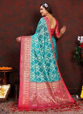 Blue meenakari weaving work organza silk saree with blouse piece 2