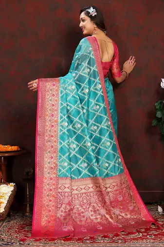 Blue meenakari weaving work organza silk saree with blouse piece