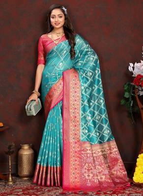 Blue meenakari weaving work organza silk saree with blouse piece 3