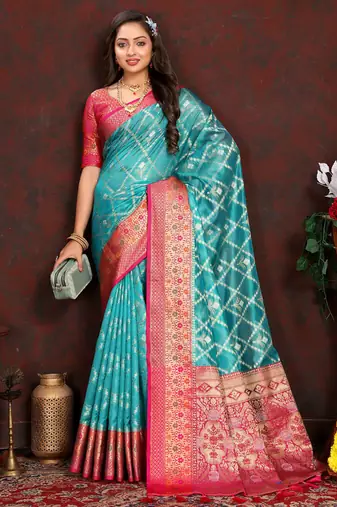 Blue meenakari weaving work organza silk saree with blouse piece