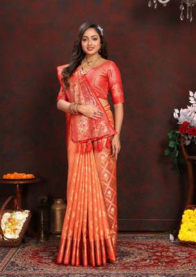 Orange meenakari weaving work organza silk saree with blouse piece 1