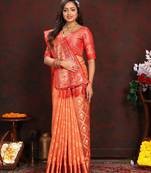 Orange meenakari weaving work organza silk saree with blouse piece