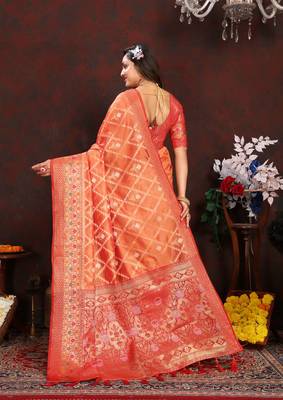 Orange meenakari weaving work organza silk saree with blouse piece 2