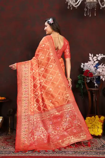 Orange meenakari weaving work organza silk saree with blouse piece