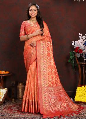 Orange meenakari weaving work organza silk saree with blouse piece 3