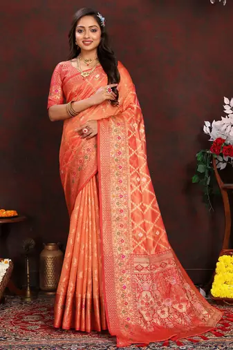 Orange meenakari weaving work organza silk saree with blouse piece