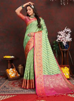 Green meenakari weaving work organza festival wear saree with blouse piece 2