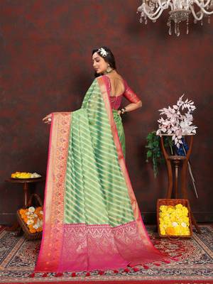 Green meenakari weaving work organza festival wear saree with blouse piece 3