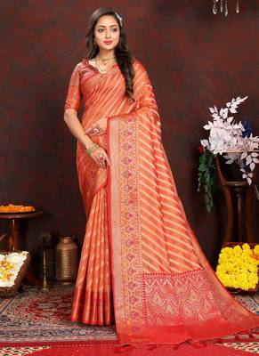 Orange meenakari weaving work organza festival wear saree with blouse piece 1