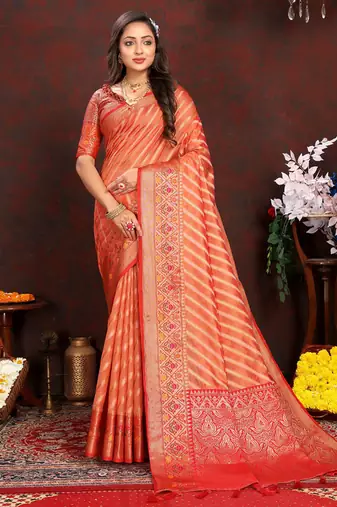 Orange meenakari weaving work organza festival wear saree with blouse piece