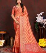 Orange meenakari weaving work organza festival wear saree with blouse piece