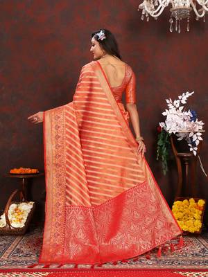 Orange meenakari weaving work organza festival wear saree with blouse piece 2