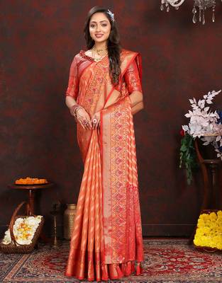 Orange meenakari weaving work organza festival wear saree with blouse piece 3
