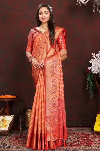 Orange meenakari weaving work organza festival wear saree with blouse piece
