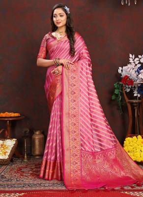 Pink meenakari weaving work organza festival wear saree with blouse piece 1