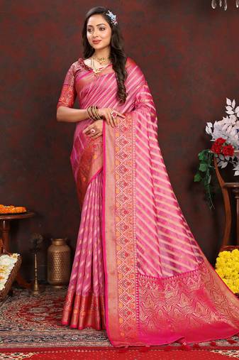 Pink meenakari weaving work organza festival wear saree with blouse piece