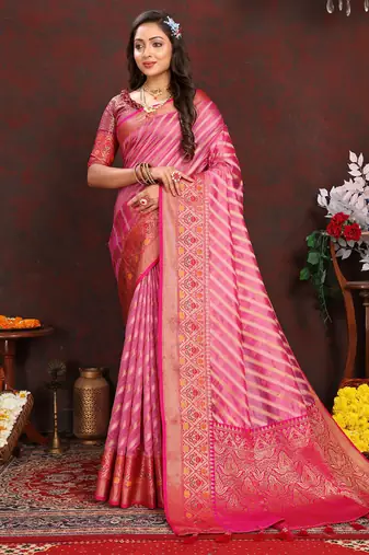 Pink meenakari weaving work organza festival wear saree with blouse piece