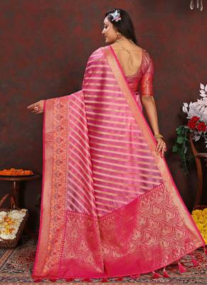 Pink meenakari weaving work organza festival wear saree with blouse piece 2