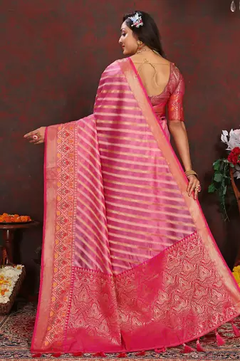 Pink meenakari weaving work organza festival wear saree with blouse piece