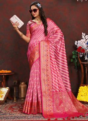 Pink meenakari weaving work organza festival wear saree with blouse piece 3