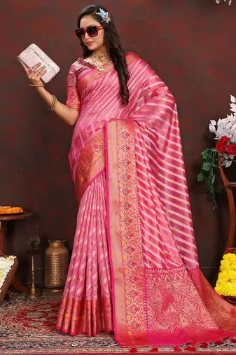 Pink meenakari weaving work organza festival wear saree with blouse piece