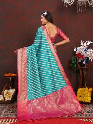 Blue meenakari weaving work organza festival wear saree with blouse piece 1