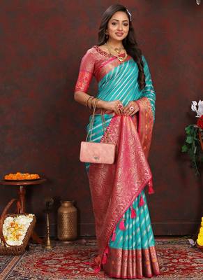 Blue meenakari weaving work organza festival wear saree with blouse piece 2