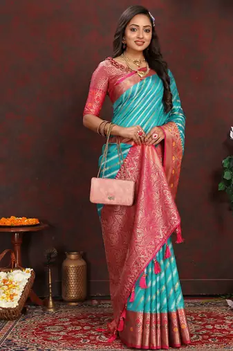 Blue meenakari weaving work organza festival wear saree with blouse piece
