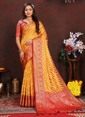 Yellow meenakari weaving work organza festival wear saree with blouse piece 1