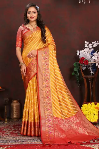 Yellow meenakari weaving work organza festival wear saree with blouse piece