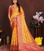 Yellow meenakari weaving work organza festival wear saree with blouse piece
