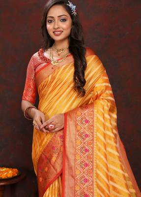 Yellow meenakari weaving work organza festival wear saree with blouse piece 2