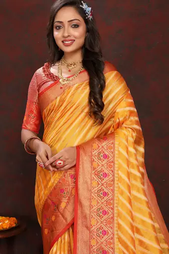 Yellow meenakari weaving work organza festival wear saree with blouse piece