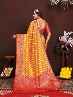 Yellow meenakari weaving work organza festival wear saree with blouse piece 3
