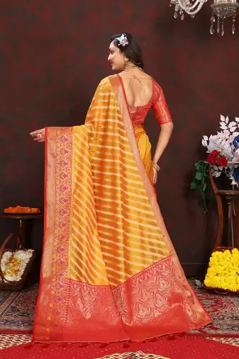 Yellow meenakari weaving work organza festival wear saree with blouse piece