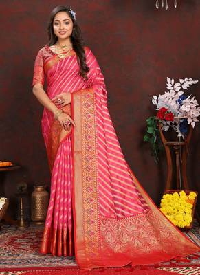 Pink meenakari weaving work organza festival wear saree with blouse piece 1