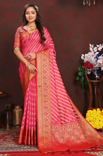 Pink meenakari weaving work organza festival wear saree with blouse piece