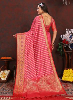 Pink meenakari weaving work organza festival wear saree with blouse piece 2